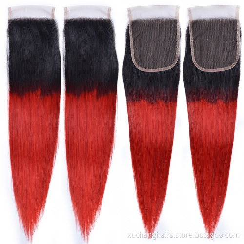 Best Quality Ombre Peruvian Hair Virgin Hair Extension Silky Straight Two Tone 1B/Red Bundles With Closure